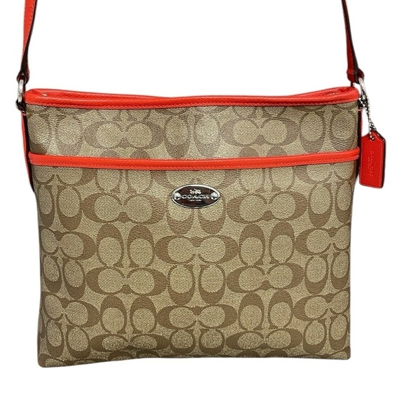 COACH Purse Shoulder Bag Crossbody Brown Red Coated Canvas Monogram Signature - Picture 8 of 13